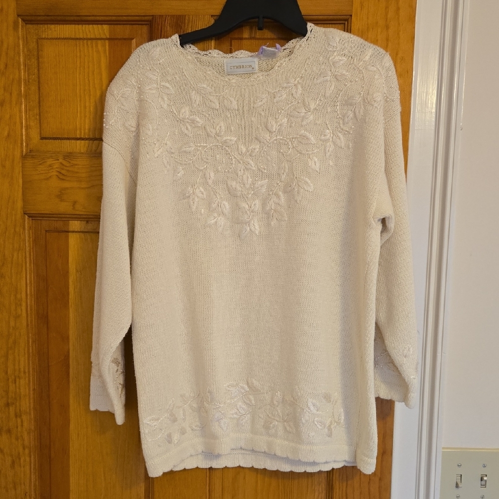 Cymbrion ivory sweater with delicate pearl beads & leaf detail embroidery